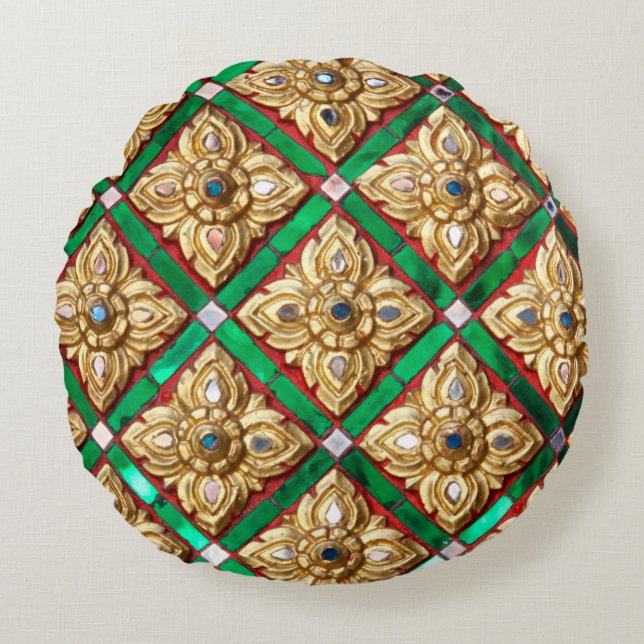 Coussins Ronds Motif thaïlandais à l'intérieur du mur de Templeth (Devant)