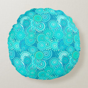 Coussins Ronds Motif tourbillon fractal, teintes turquoise