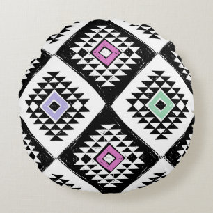 Coussins Ronds Motif tribal Navajo noir blanc
