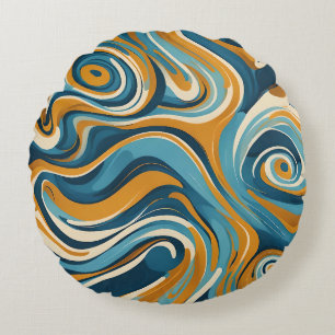 Coussins Ronds Motif tripant bleu ocre tourbillonnant liquide
