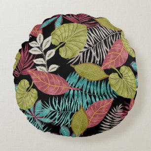 Coussins Ronds Motif tropical en arrière - plan foncé et lea