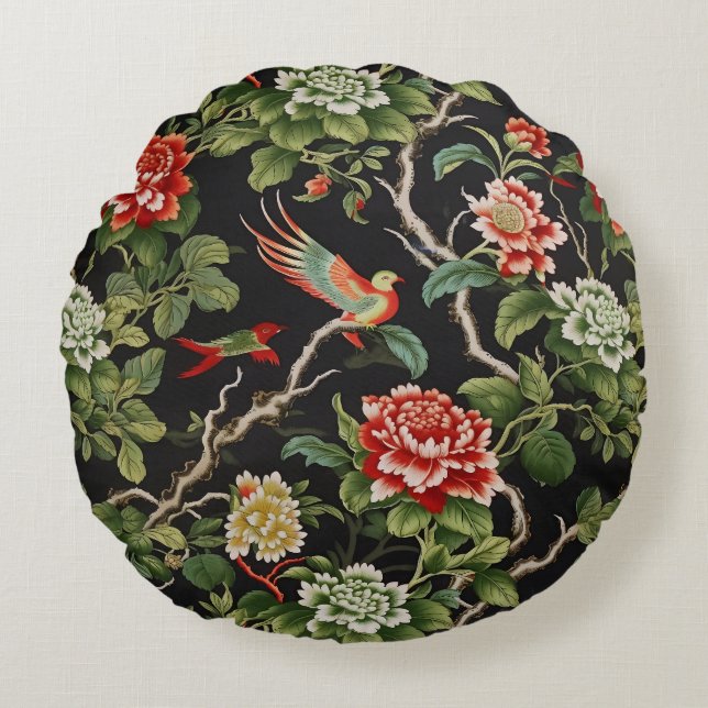 Coussins Ronds Motif vert rouge chinois (Devant)