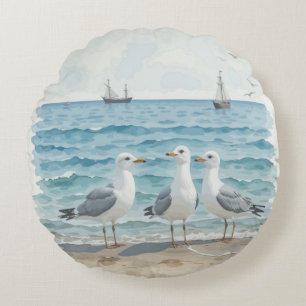 Coussins Ronds Mouettes d'aquarelle à la plage Océan côtier