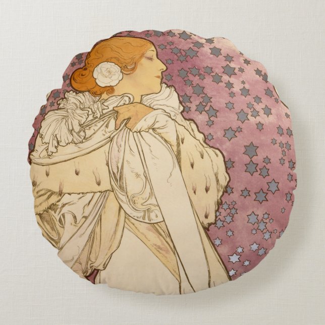 Coussins Ronds Mucha Art nouveau femme beauté (Devant)