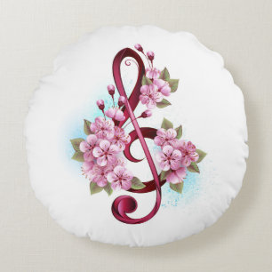 Coussins Ronds Musical treble clef notes with sakura flowers
