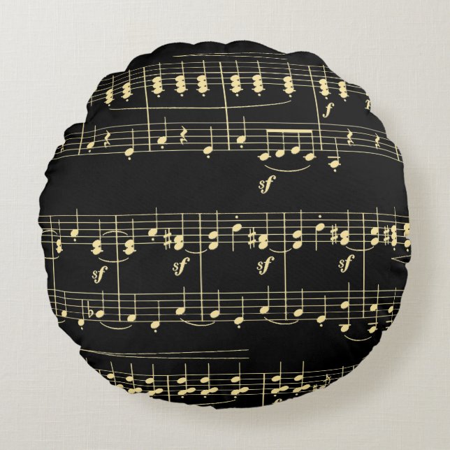 Coussins Ronds Musique d'or en noir (Devant)