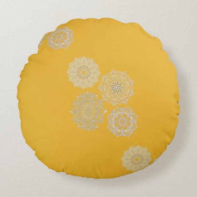 Coussins Ronds Mustard et Mandalas (Devant)