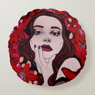 Coussins Ronds Mystérieuse fille entourée de fleurs rouges, abstr