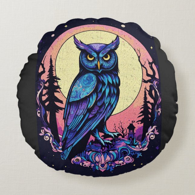 Coussins Ronds Mystic Moon Owl TShirt Enchantant style Nocturne (Devant)