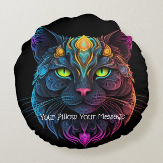 Coussins Ronds Mystic Neon Mandala Chat Psychedelic Feline Imagin