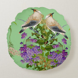 Coussins Ronds Nature Verdure Aquarelle Florale Oiseau Lilac Fleu