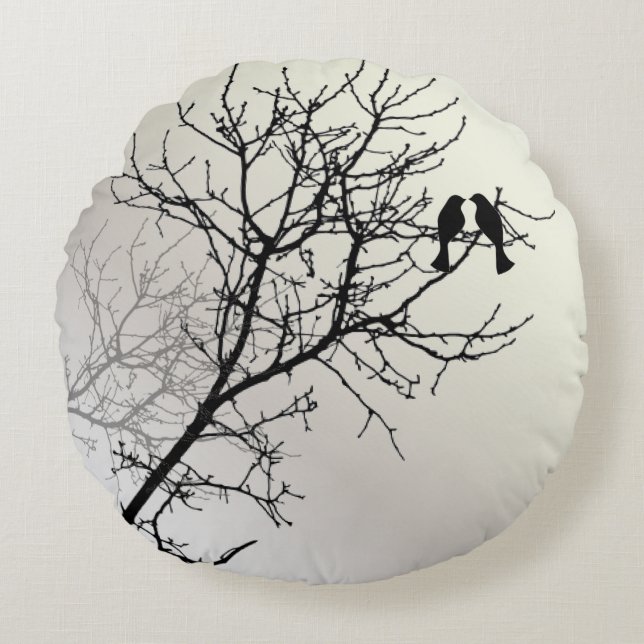 Coussins Ronds nature zen paysage noir blanc silhouette de l'arbr (Devant)