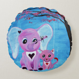 Coussins Ronds Ne m'oublie pas éléphant chat cerisier fleur d'art