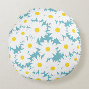 Coussins Ronds Négative Space Daisies blanc jaune sur bleu