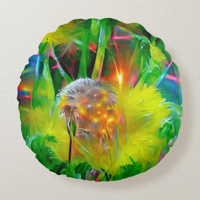 Coussins Ronds Neon Llow Dandelions dans Dream Garden (Devant)