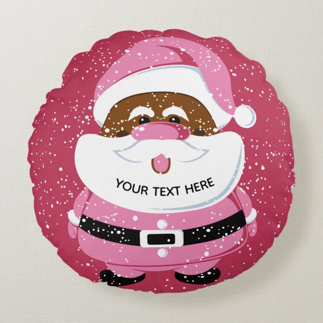 Coussins Ronds Noël au Père Noël afro-américain rose mignon (Devant)