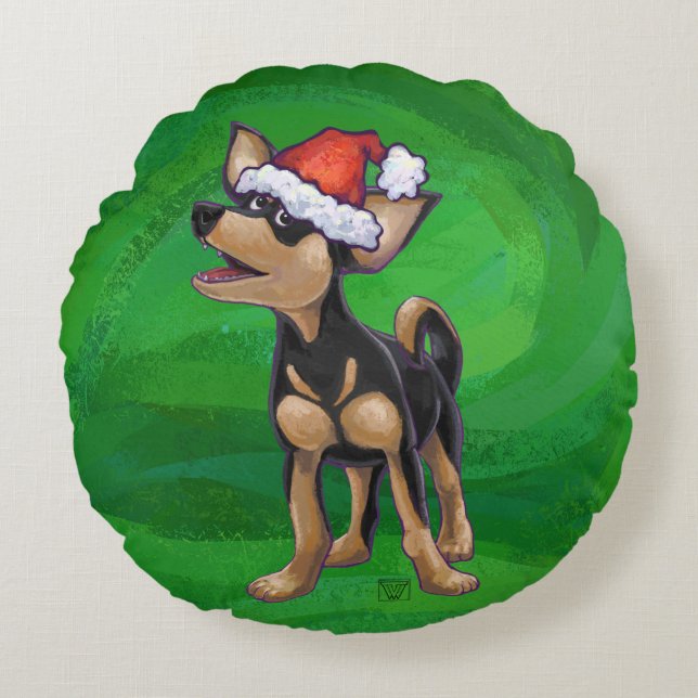 Coussins Ronds Noël Chihuahua sur vert (Devant)