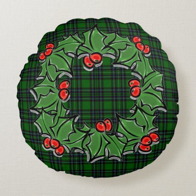 Coussins Ronds Noël classique vert plaid rouge saint feuille (Devant)
