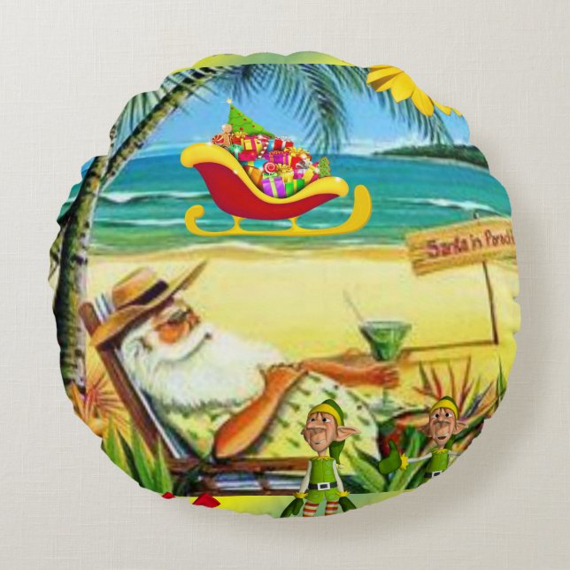 Coussins Ronds Noël Coussin, Summer Beach Père Noël (Devant)