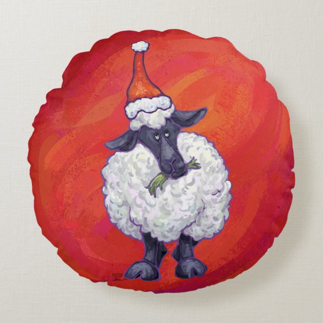 Coussins Ronds Noël des moutons sur rouge (Devant)