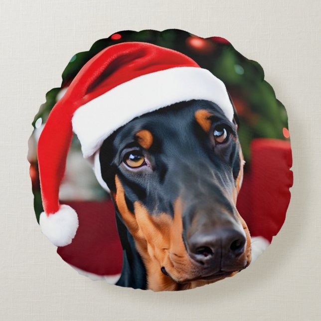 Coussins Ronds Noël Doberman (Devant)