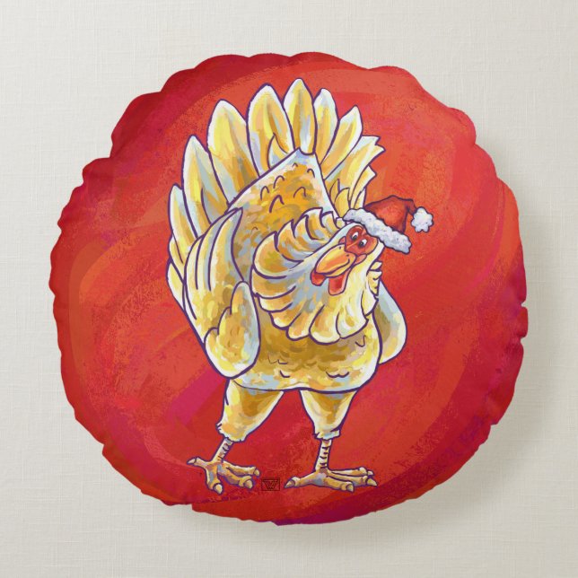 Coussins Ronds Noël Du Poulet Sur Rouge (Devant)