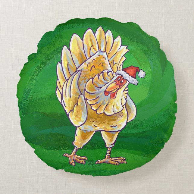 Coussins Ronds Noël Du Poulet Sur Vert (Devant)