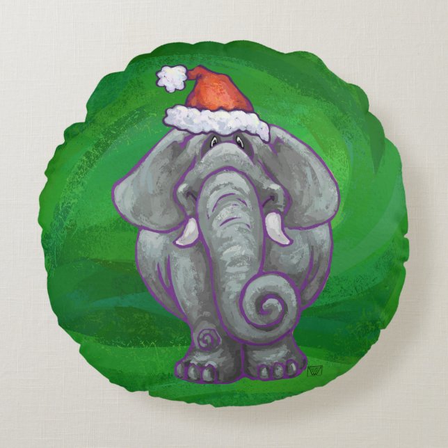 Coussins Ronds Noël Eléphant Sur Vert (Devant)