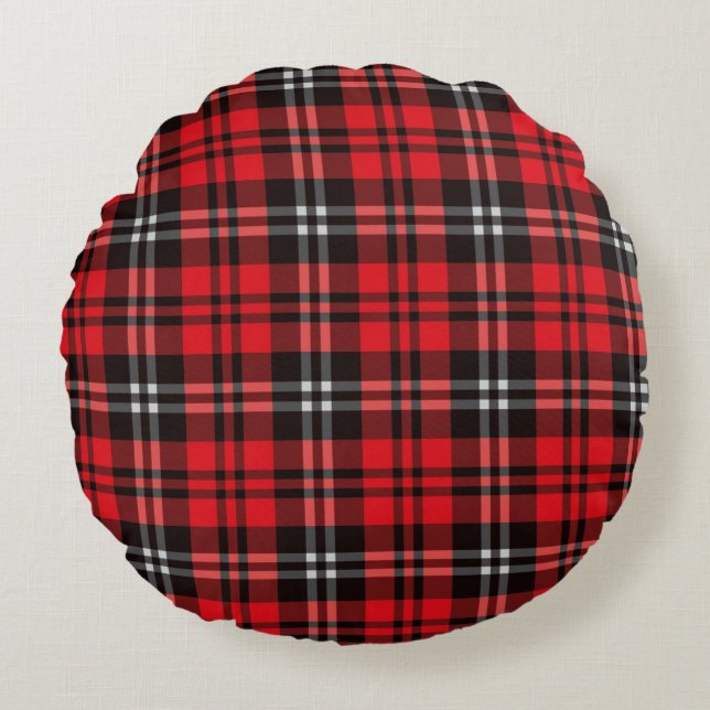 Coussins Ronds Noël Fêtes Rouge et Tartan noir (Devant)