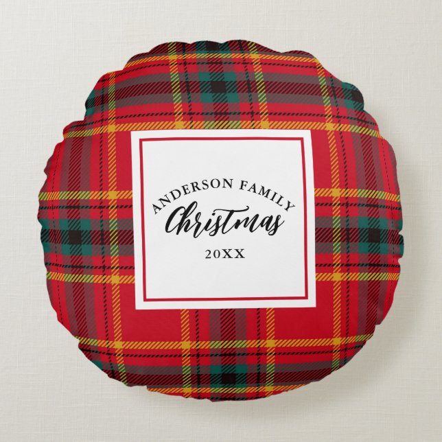 Coussins Ronds Noël Tartan Plaid Nom de famille Année (Devant)