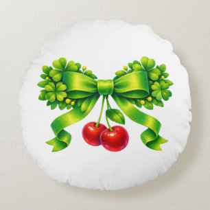 Coussins Ronds Nœud de trèfle chanceux avec cerises motif vert