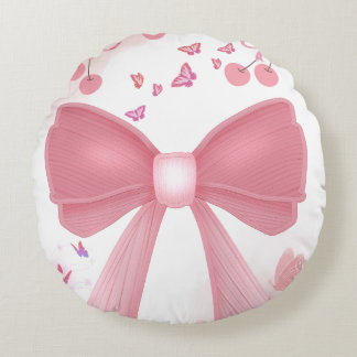Coussins Ronds Nœud Rose Coquette et Cerises – Collage Esthétique