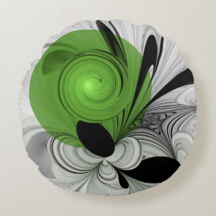 Coussins Ronds Noir Abstrait et blanc avec art fractal vert