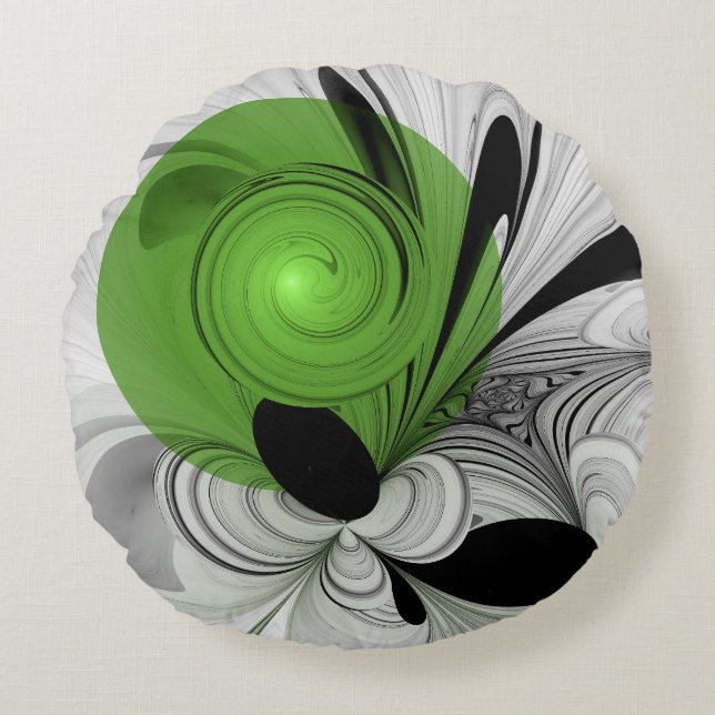 Coussins Ronds Noir Abstrait et blanc avec art fractal vert (Devant)
