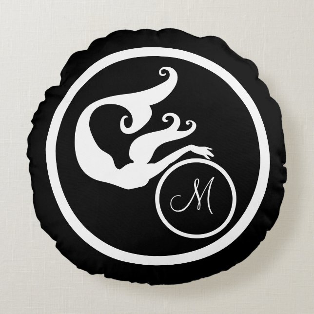Coussins Ronds Noir avec Monogramme blanc initial sirène nautique (Devant)