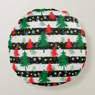Coussins Ronds Noir Blanc Stripes Neiges Rouge Vert Arbres