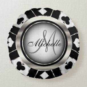 Coussins Ronds Noir de monogramme, blanc et jeton de poker