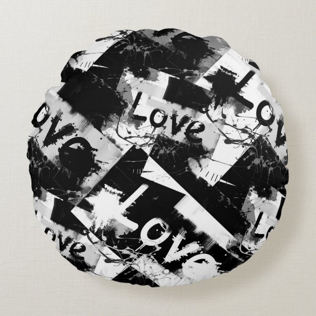 Coussins Ronds Noir et blanc avec des taches motif d'amour (Devant)