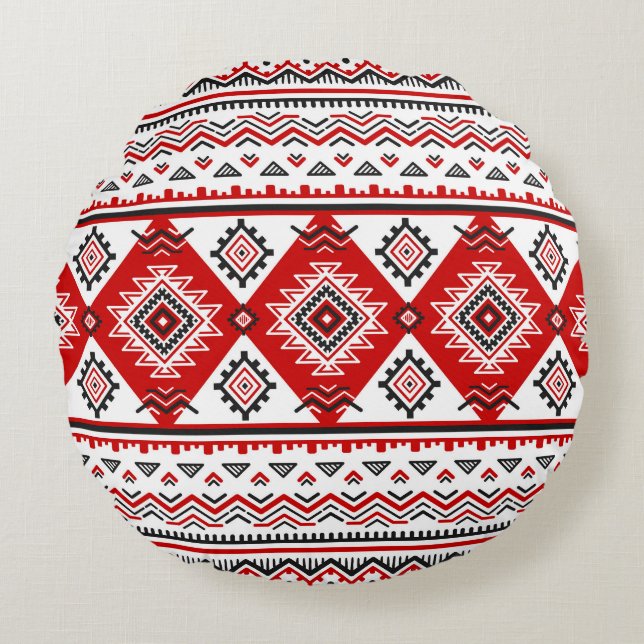 Coussins Ronds Noir noir rouge, motifs ukrainiens. (Devant)