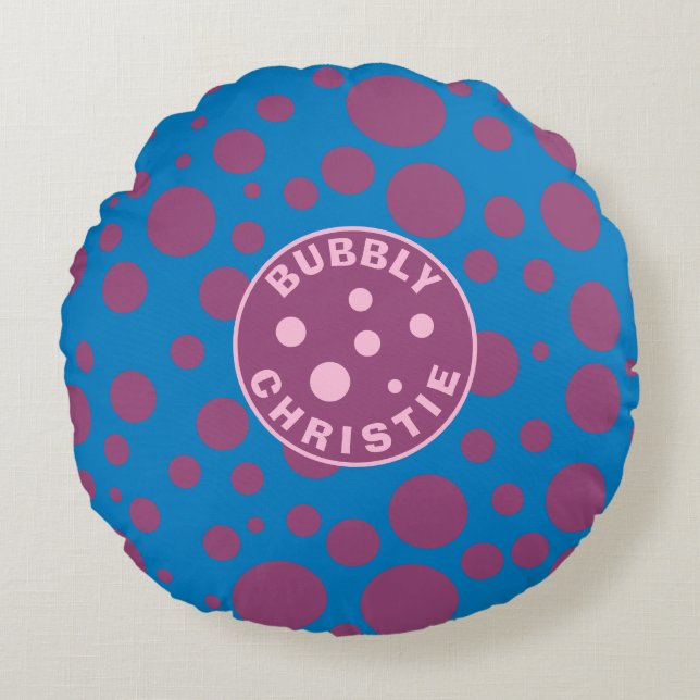 Coussins Ronds Nom du bébé Pois pourpres Bubbly Blue Trippy (Devant)