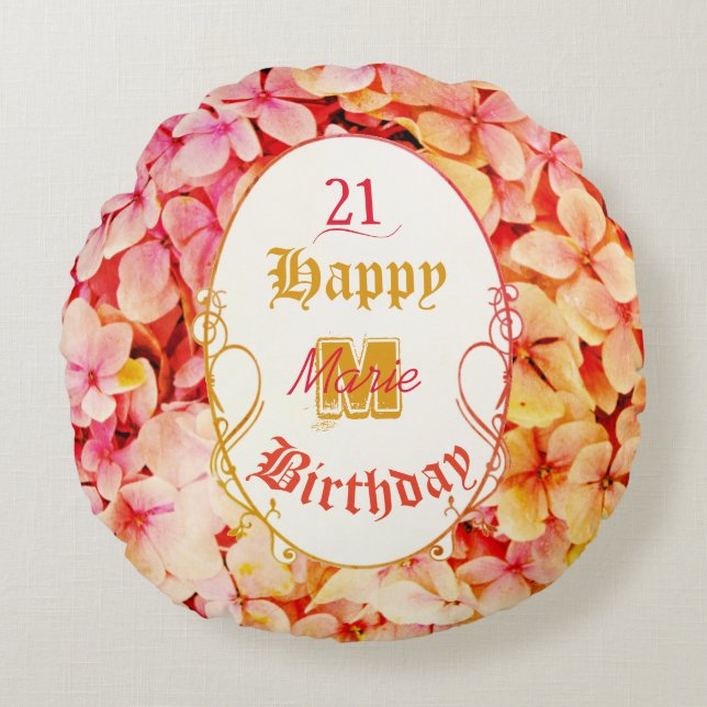 Coussins Ronds Nom du monogramme Floral Elegant 21e Joyeux Annive (Devant)