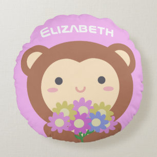 Coussins Ronds Nom mignon Kawaii Singe et Fleurs rose violet