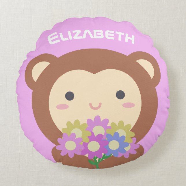 Coussins Ronds Nom mignon Kawaii Singe et Fleurs rose violet (Devant)