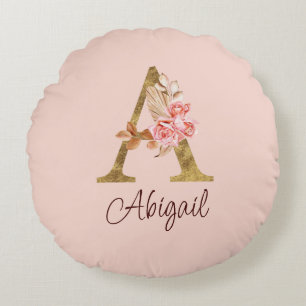 Coussins Ronds Nom personnalisé Blush Rose Gold Lettre A