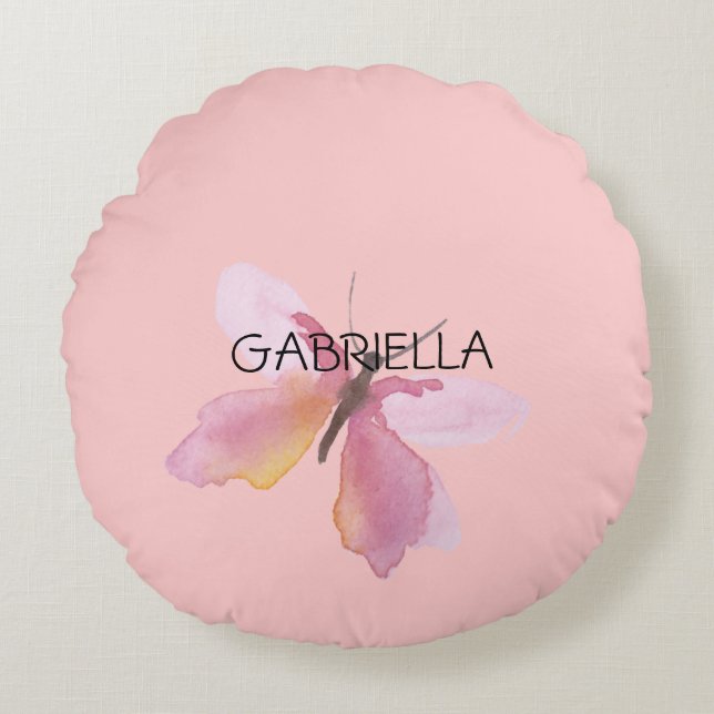 Coussins Ronds Nom personnalisé du papillon rose (Devant)