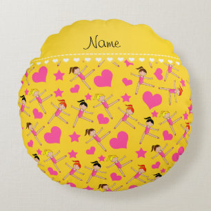 Coussins Ronds Nom personnalisé fille jaune gymnaste coeur étoile