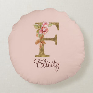 Coussins Ronds Nom Personnalisé Lettre F Gold Foil Blush Roses Ro