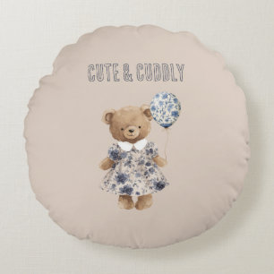 Coussins Ronds Nounours en peluche en robe fleurie bleue