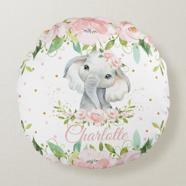 Coussins Ronds Nourriture florale blanche blanche à l'éléphant ro (Devant)