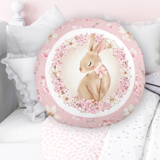 Coussins Ronds Nourriture rose Boulangère mignonne en fleur de ce (Cherry Blossom Cute Bunny Pink Nursery Round Pillow)